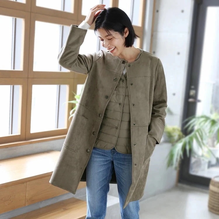 ノーカラーコート スエードポンチ ライナーベスト付き 3way レディース アウター スエード調 ポンチ コート ノーカラー ライナー付きコート 中綿ベスト 薄手 秋 フェイクスエード シンプル 羽織