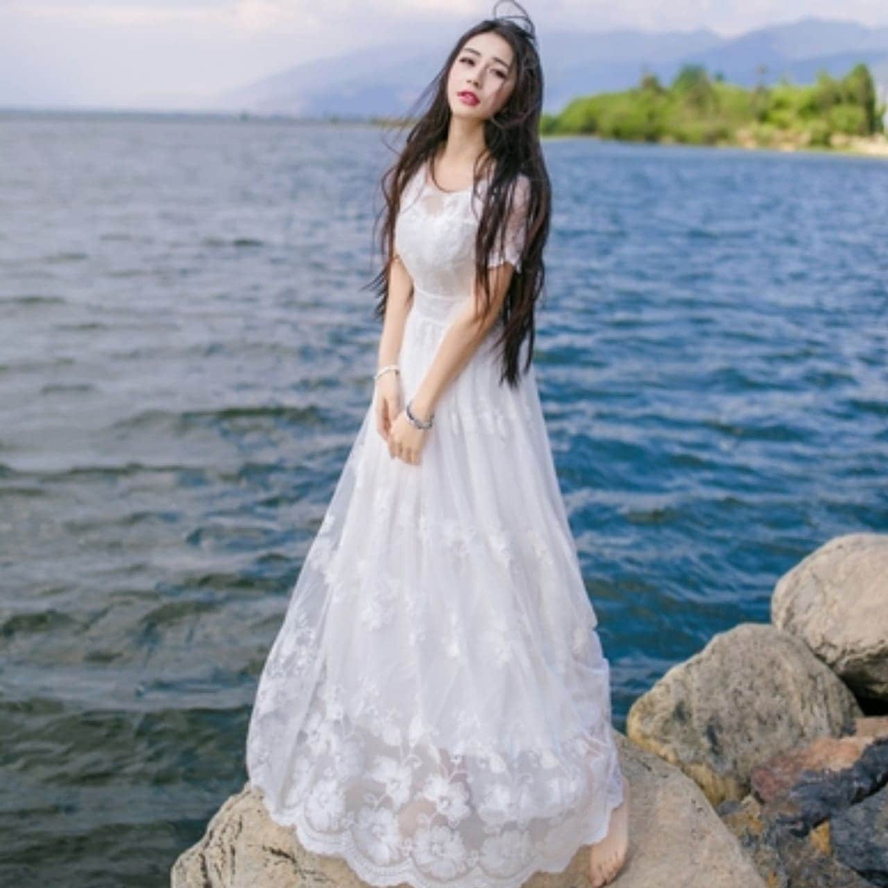 ドレス ワンピース ロングワンピース レディース プルオーバー ロングスカート ラウンドネック ハイウエスト 衣装 妖精 ウェディングドレス パーティードレス パーティドレス 結婚式ドレス