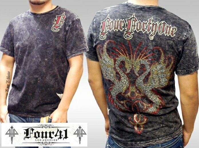 Four41 Los Angeles フォーフォーティーワン メンズ ラインストーン Tシャツ ゴールデンフェニックス ブラック k-87-2 スワロフスキー インポート セレブ ブランド ストリート