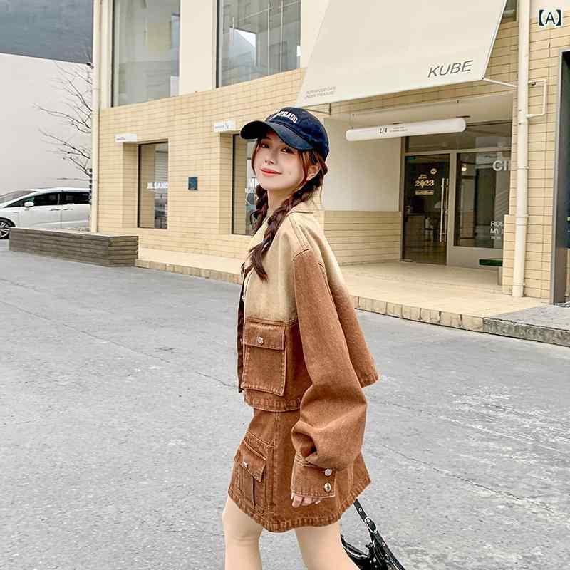 デニム　スタイル　レディース　 レトロ グラデーションの ワークウェア デニムスーツ 2025 春の トップスと ショート スカートの ツーピース スーツが 揃った 一 着