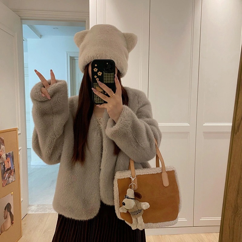 大好評 ミニマルで着やすいミンクベルベットのエコファーミンクコート ファー一体型vネックショート秋冬ファーコートレディース