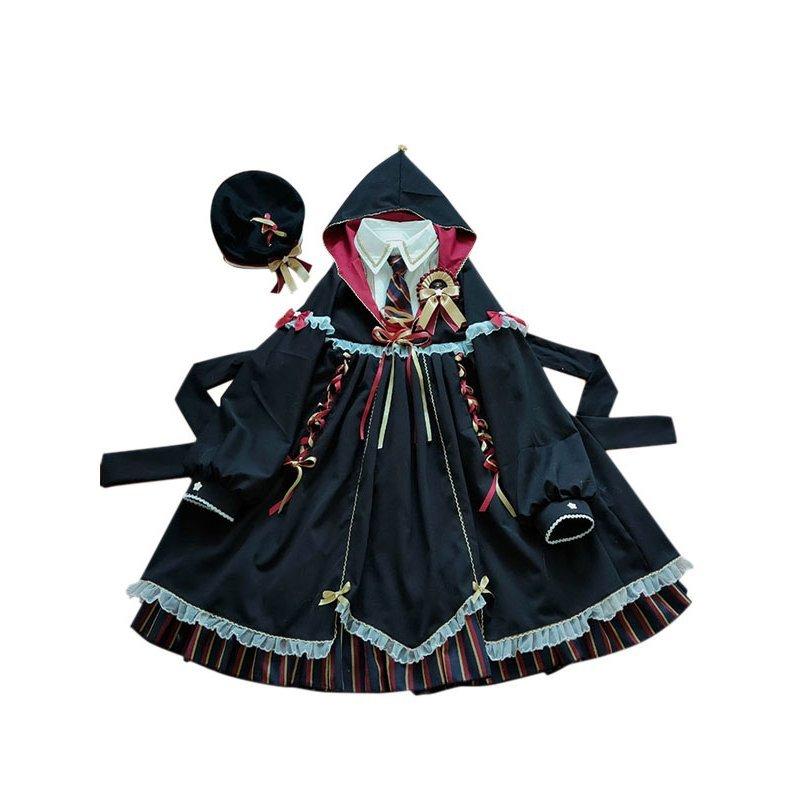 ゴスロリ　アカデミーロリータワンピース　長袖　リボンマジック　制服　パーカー付き　撮影　学園祭　ロリータアウター　ブラック　フリルコスチューム