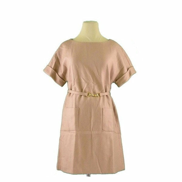ワンピース 両サイドポケット付き ホースビットベルト 38サイズ クルーネック ブラウン ゴールド 中古