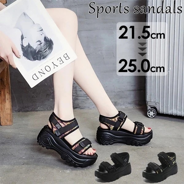 スポーツサンダル 厚底 レディース ヒール7cm ベルト コンフォート 歩きやすい 軽量 美脚効果 スポサン 厚底サンダル ビーチサンダル 厚底靴 カジュアル 黒 オレンジ 5 0 2
