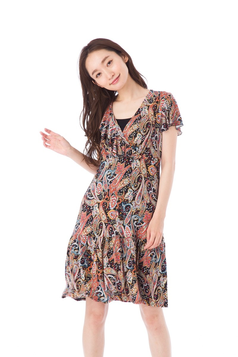 ファス(FAS)ワンピース T2 T3 T4サイズ 半袖 膝丈 vネック ジャージー ペイズリー柄 大人上品ワンピース レディース 大きいサイズ　Fille A Suivre 12,045円