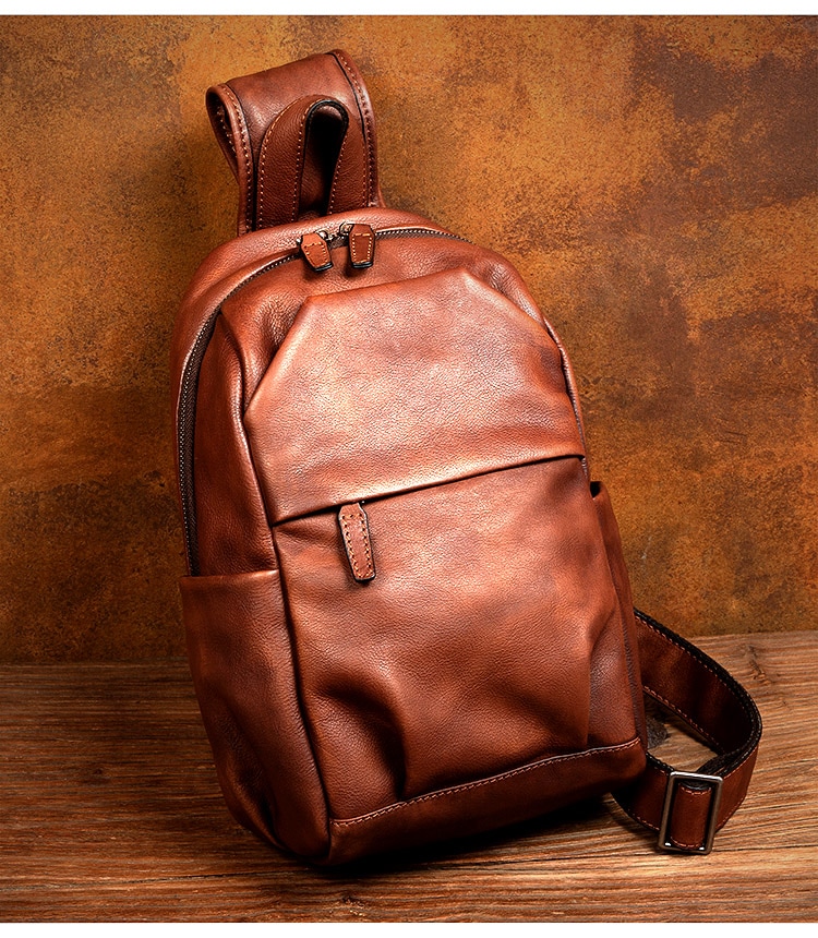 スロータイム復古潮手革の胸バッグカジュアルショルダーバッグ頭層植なめし牛革のショルダーバッグ男性のリュックサック