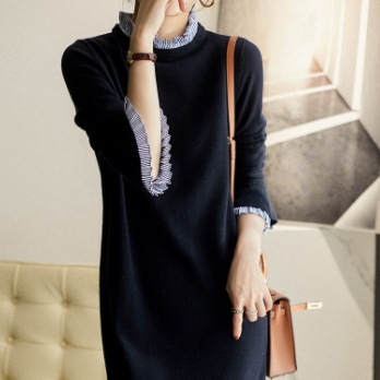 シンプル膝丈ニットワンピース ワンピース ニット 膝丈 7分袖 ラウンドネック ストレート Iライン