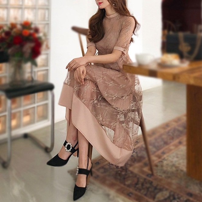 【今季注目】 レースハイウエスト大人可愛いAライン上品見え好感度をアップ耐久性型崩れしないラウンドネックエレガントパーティードレス