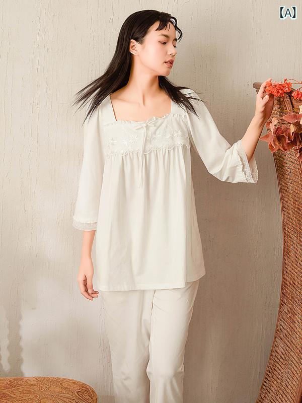 パジャマ レディース 宮殿風 春夏 レーシーフリル シフォン リボン 透け感 七分袖 ルーム ナイト ホームウェア ゆるふわ 快適 着心地 トップス ボトムス