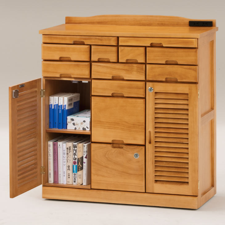 天然木 鍵付き引出しいっぱいファックス台 コンセント付き 76cm幅/96cm幅