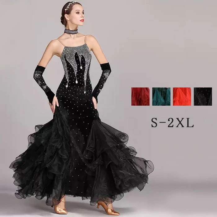 【美品 社交ダンス衣装】ブラック LNIGHT ワンピース ドレス 黒 無地 LNIGHT チュール袖 社交ダンスドレス 透け感あるワンピース ロング丈