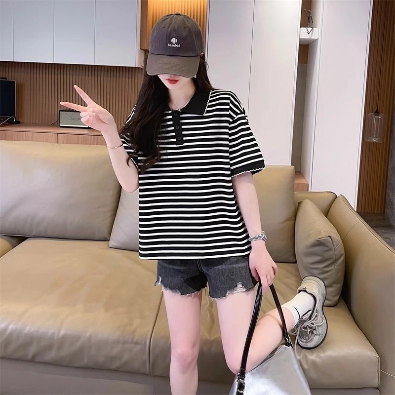 【即納】ポロシャツ 半袖Tシャツ レディース ボーダー柄 トップス カットソー ゆったり JP風 大きいサイズ スポーツ 女性用 夏服 体型カバー きれいめ おしゃれ