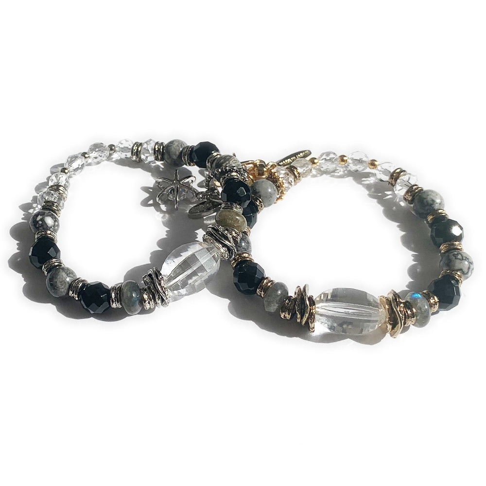 大粒水晶 クリスタル クォーツ オニキス ラブラドライト ジャスパー 天然石ブレスレット