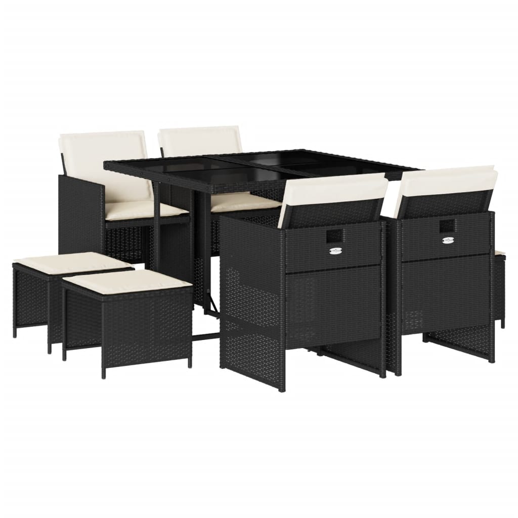 ガーデンダイニング9点セット クッション付き ブラック ポリラタン製
