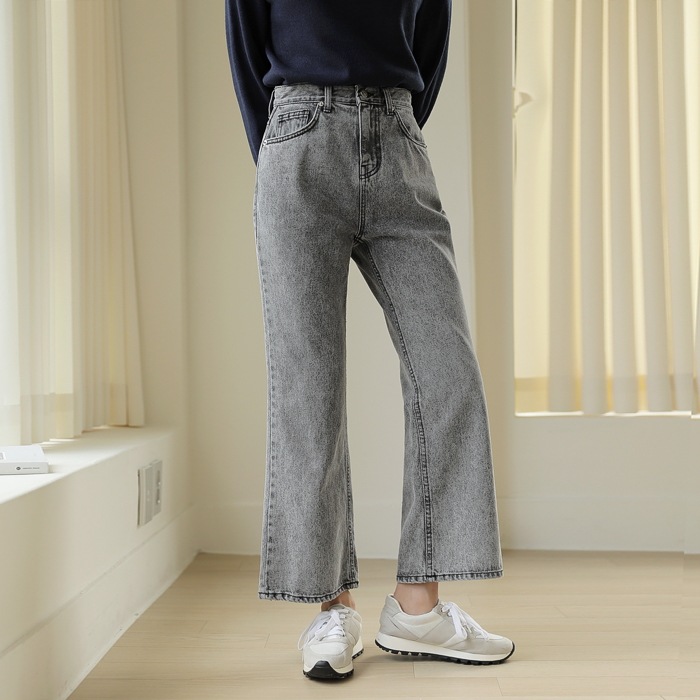 [韓国ファッション] ハイウエスト ブーツカット グレーデニムパンツ