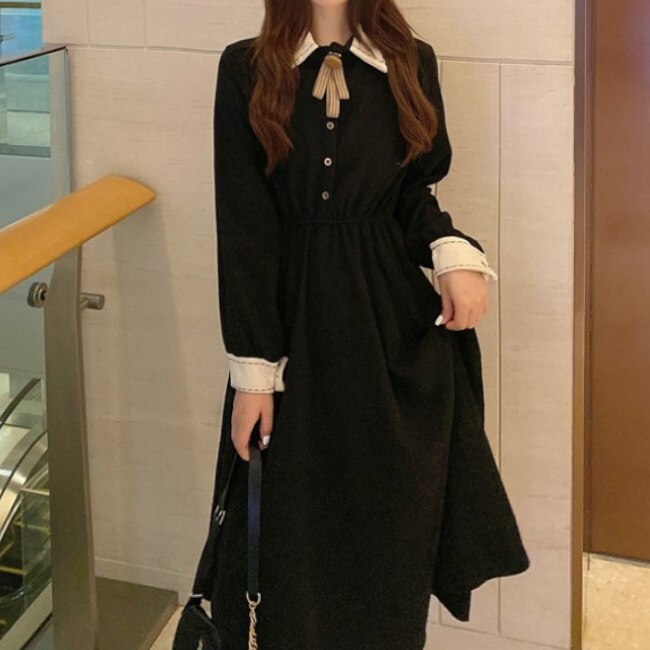 4色 ワンピース 長袖 春 秋 冬 きれいめ カジュアル かわいい ロング フォーマル aライン シャツワンピース Aライン フレア ワンピドレス 膝丈 ひざ丈 ミディアム丈 ミドル丈 ぽわん袖 ドー