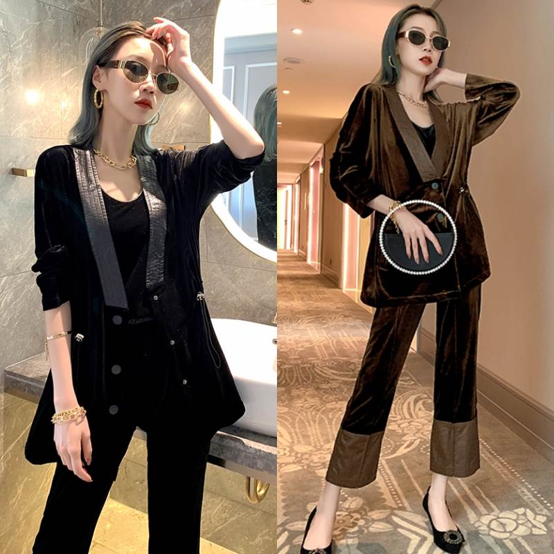 1～3日で出荷出血大サービス2色もセットアップジャケットパンツレディース上下セットツーピース大きいサイズ秋ブラック黒コーヒーブラウン茶色無地大人カラー長袖ボタンウエストゴムM