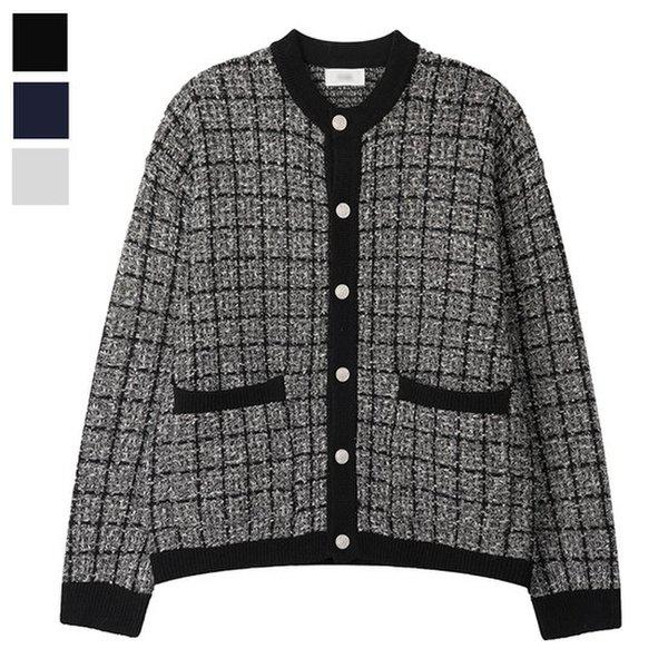 女性の変わりやすい季節のポケットツイードラウンドカーディガンSGW-CA-Q086-ブラック