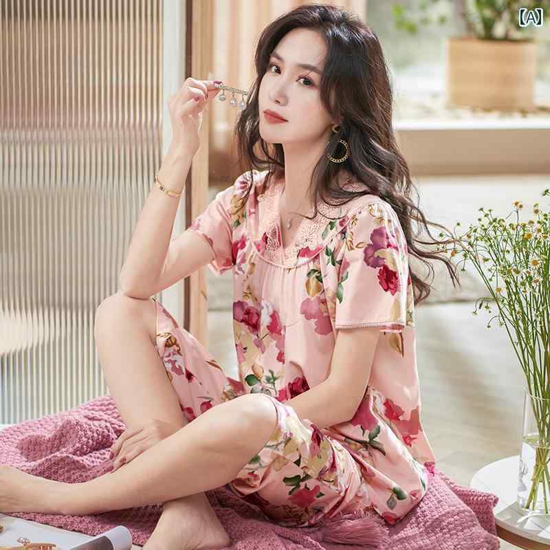 ルームウェア 部屋着 レディース 半袖 婦人 ミセス 高齢者 パジャマ 夏 モーダル コットン シルク 7分丈 パンツ セット 薄手 クール 大きめ サイズ ママ ホームウェア