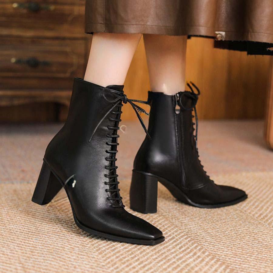 2025新品 数量限定 レディース ヒールブーツ 秋冬 ブーツ ショートブーツ ショート丈 レースアップ サイドジップ 太ヒール チャンキーヒール スクエアトゥ ショート 編み上げ 短納期