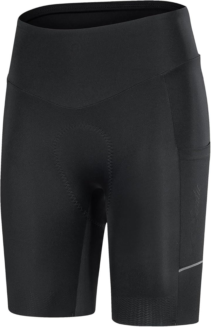レディース サイクルパンツ サイクルショーツ ハイウエスト4Dパッド 高弾性 通気性 サイドポケット 滑り止め 反射ストライプ 自転車ロードバイクショーツ(ブラック, XL)