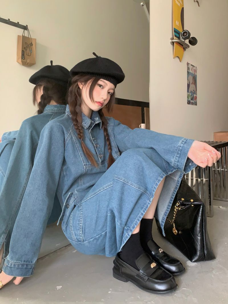 デニムワンピース デニム ワンピース ドレス. モード系 古着女子 レディース ロングデニムワンピース 原宿系. 可愛い デート お出掛け 10代 20代 30代 C382