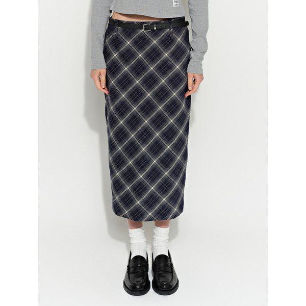 スリットチェックロングスカート ブルー