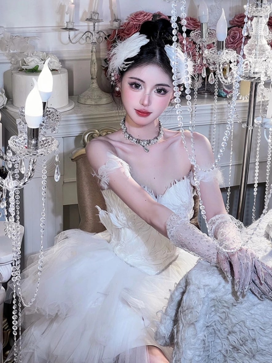 ホワイトスワンチューブトップドレスパーティークリスマスフェザープリンセスパーティースモールドレス