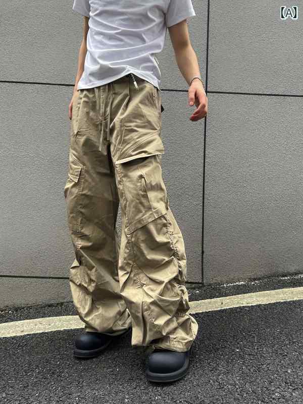 カーゴパンツ　メンズ　レディース F 383 2025 アメリカン レトロ カーキ オーバー オール ヒップ ホップ ワイド レッグ モップ パラシュート カジュアル パンツ