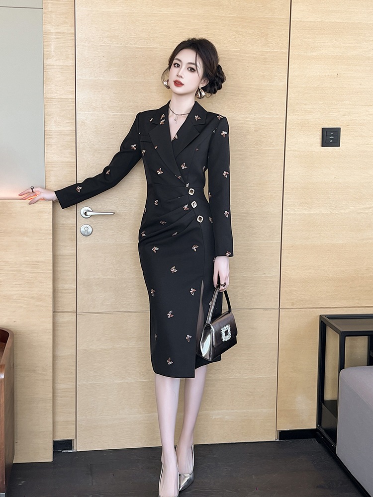 【JY.上品】 刺繍 スリット 通勤OL 秋冬 ドレス パーティー キャバ 大人 同窓会 披露宴 卒業式 結婚式 成人式 ウェディング 二次会 メガ割