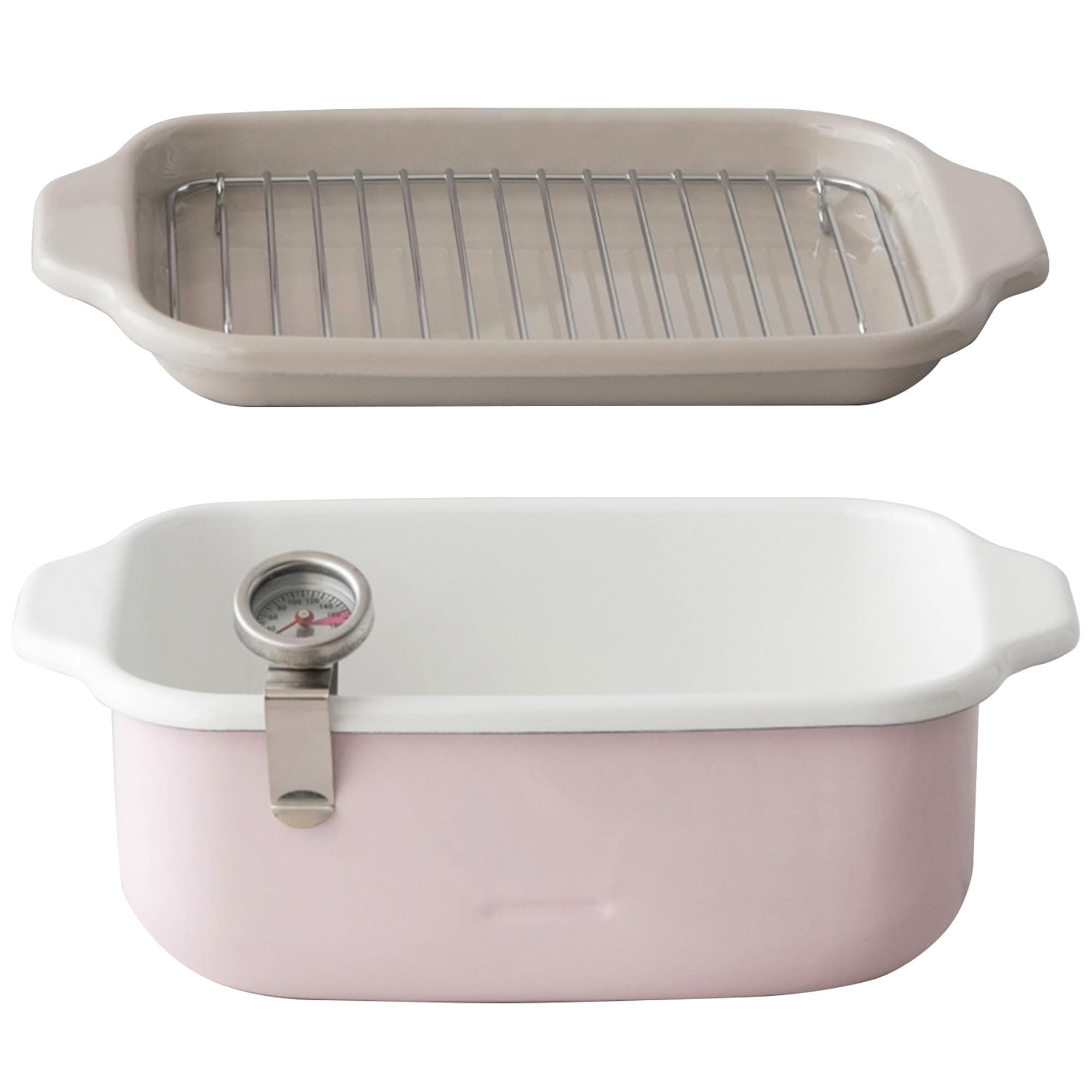 【Amazon.co.jp限定】 富士ホーロー(Fuji Horo) 角型 天ぷら鍋 ピンク IH 対応 温度計 揚げ網 バット 付き ギフト