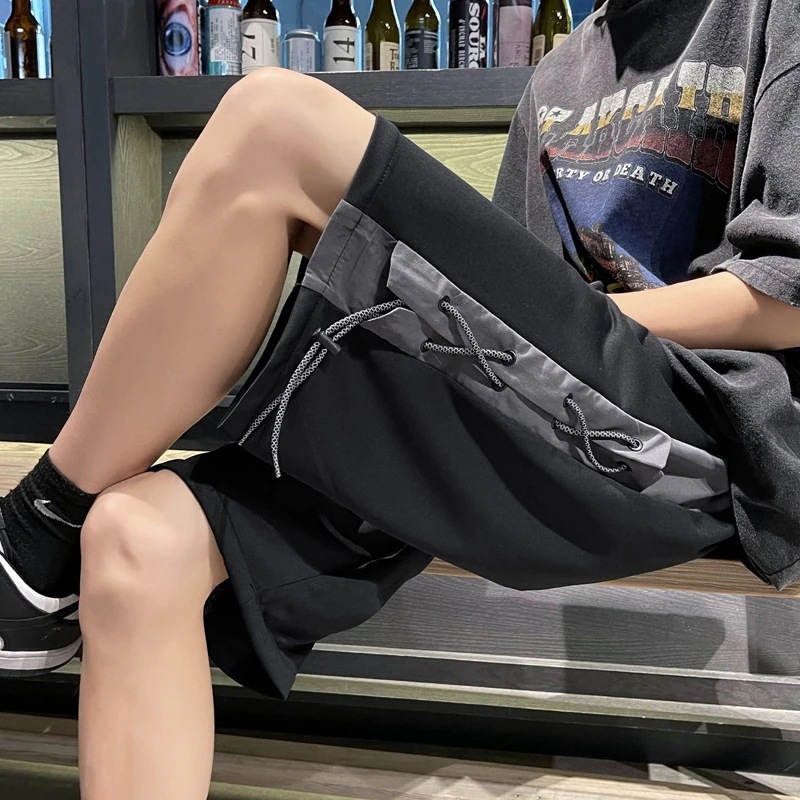 ストリートヒップホップサイドストラップスプライシング巾着ショlーツメンズストレートスポーツワイドレッグヒップホップファイブハレンチパンツ