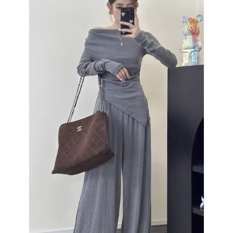 斜め襟 アシンメトリー シャツ ワイドパンツ セット 春 オフショルダー ストレート ロングパンツ 2点セット