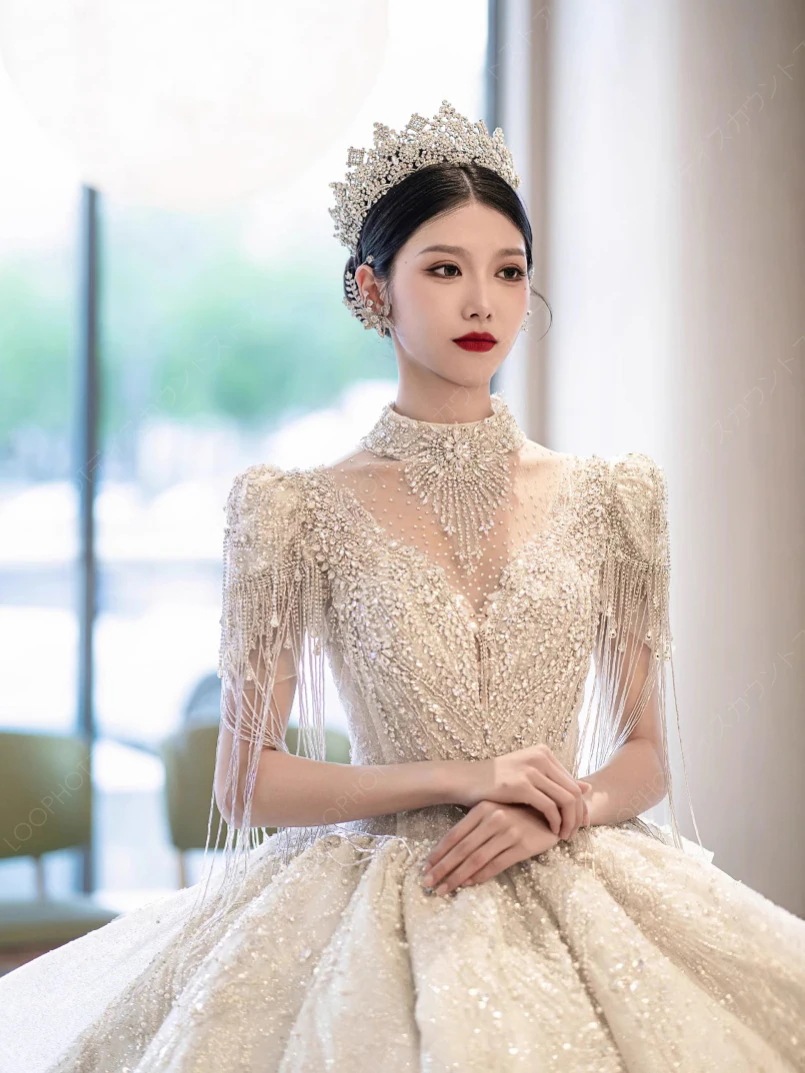 豪華宮廷風ウェディングドレス花嫁ロングドレス ウェディングドレス 白2025新品妊婦がカスタマイズ可能高級質感フレンチレトロな夏D115-67