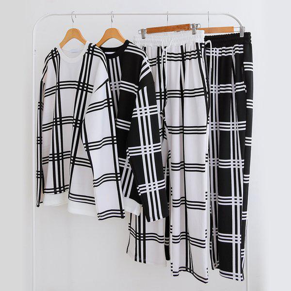 メンズワイドダブルチェック スパン バンディング パンツ 5C-PTA-Q081-ブラック