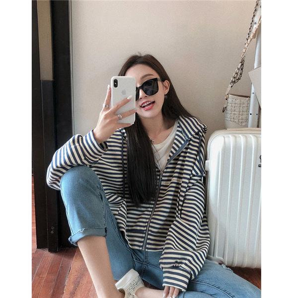 秋作パーカージャケットレディースボーダー柄長袖ジップアップパーカーチュニックゆったり体型カバーカジュアルアウター 5,384円