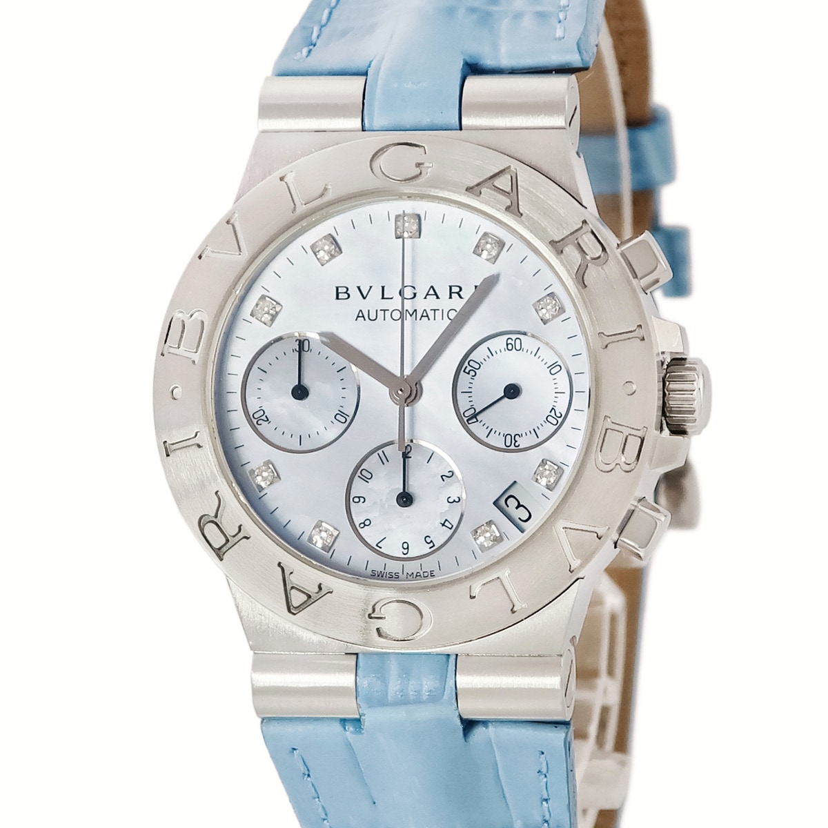 ディアゴノ スポーツ CH35S 自動巻き メンズ 純正ダイヤ ブルーシェル クロノグラフ デイト 水色 3年保証