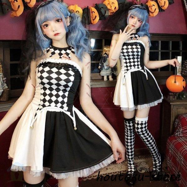 2026人気登場!衣装 とても個性的でおしゃれな 白黒チェックのロリータ 魔女 5点セット ピのコスプレ衣装 吸血鬼 大人用 パーティー変装
