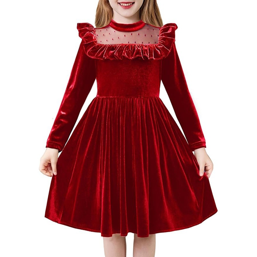 2025 フリル付き長袖ドレス プリンセス クリスマスコスチューム パーティー パフォーマンスコスチューム 子供ドレス 女の子 メッシュ
