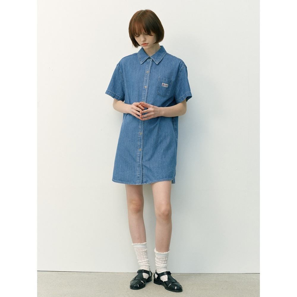 AND YOU ダンデノンデニムシャツ半袖ワンピース (ミッドブルー)