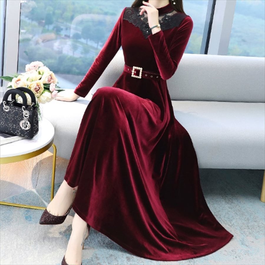 ロングドレス 3色 ドレス dress 衣装 ワンピース パーティドレス カラードレス ベルティングドレス ロング ロング丈 マキシ マキシ丈 袖あり 長袖 クルーネック Aライン フレア
