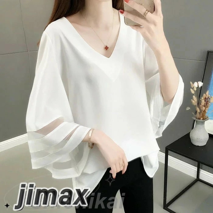 ブラウス レディース 40代 春夏新作 オシャレブラウス 白シフォンシャツ 七分袖トップス vネック スピーカースリーブブラウス 大人 通勤OL ゆったり シャツ 韓国風 大きいサイズ