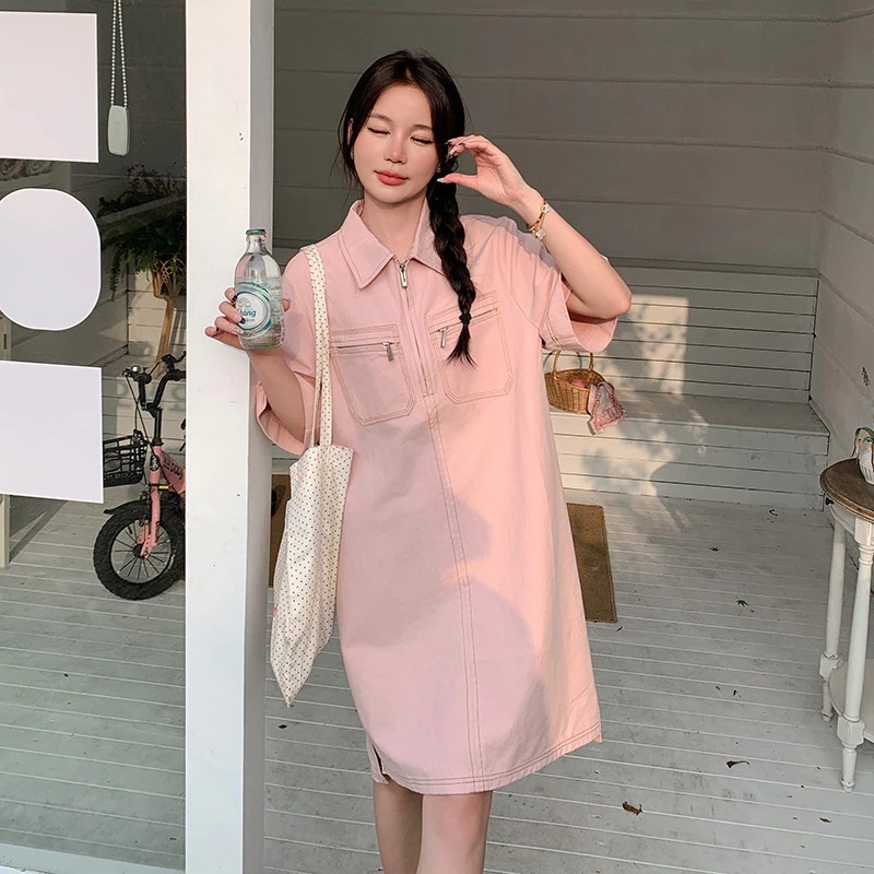 実際の撮影年齢削減POLOカラーワークデニムドレス2024新しい韓国の緩いストレートカレッジスタイルのドレス