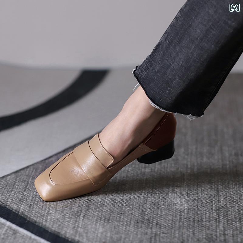 ローファー レディース オフィス 通勤 仕事 フェアリー 靴 優しい中 ヒール シングル シューズ 太 ヒール スクエアトゥ 革 小さめ 革靴 レトロ 英国風 スリッポン 7,751円