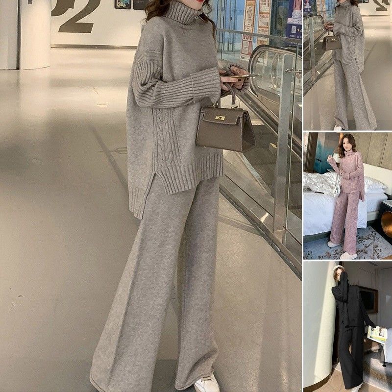 秋冬カジュアルゆったりニットワイドパンツ2点セット