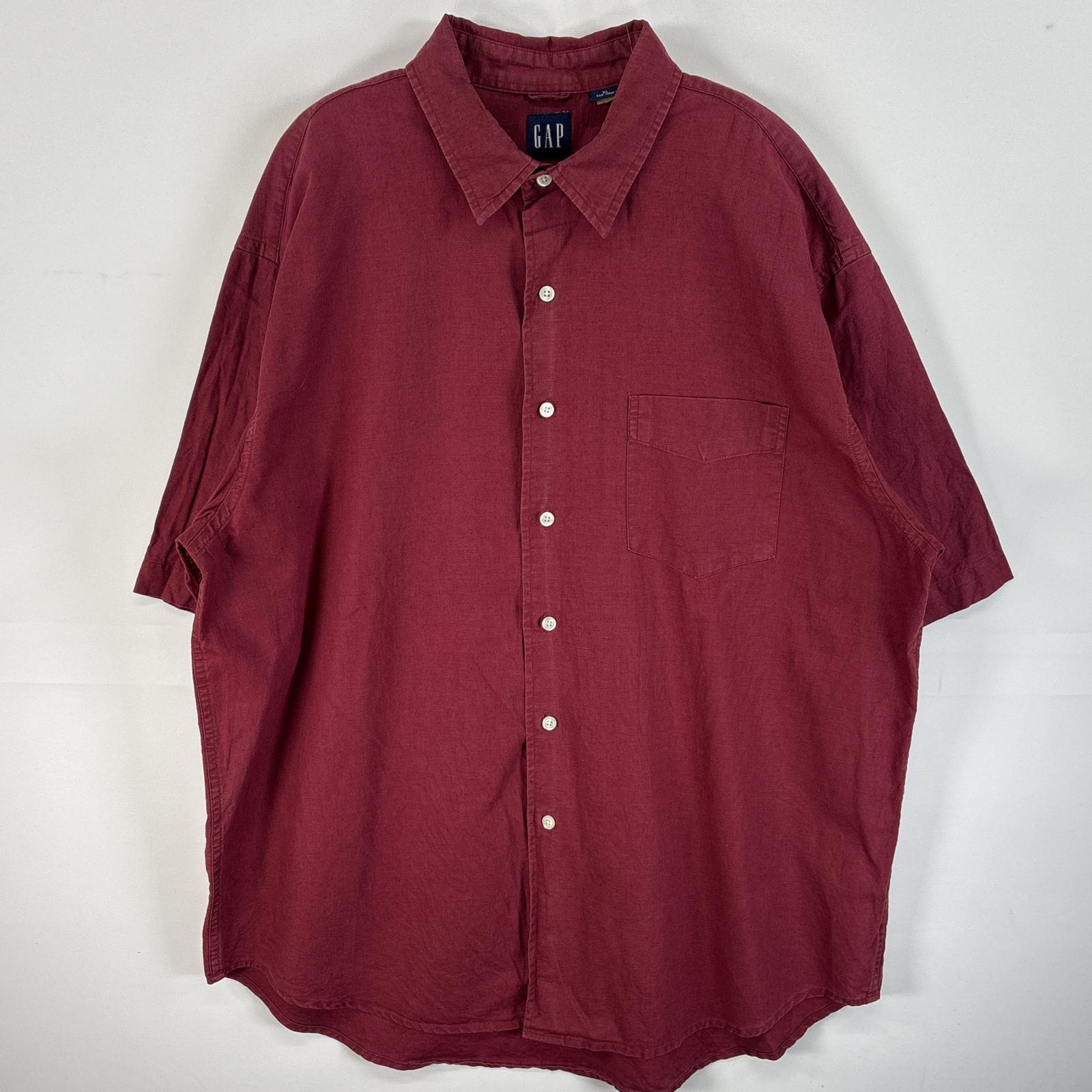 古着 半袖シャツ オールドギャップ ボタンシャツ リネン XL ワインレッド 無地 メンズ