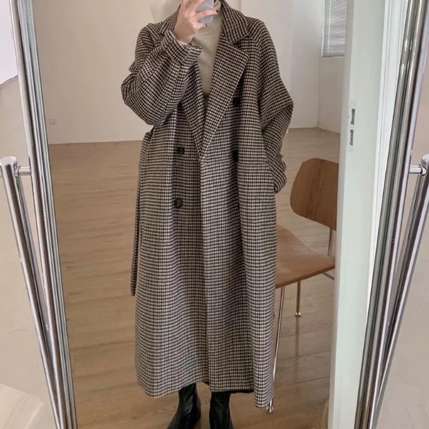アウター レディース コート ロングコート トレンチコート ロング丈 細見え 膝下 長袖 襟付き ゆったり チェック 色っぽい セクシー エレガント きれいめ かわいい 大人女子 大人可愛い