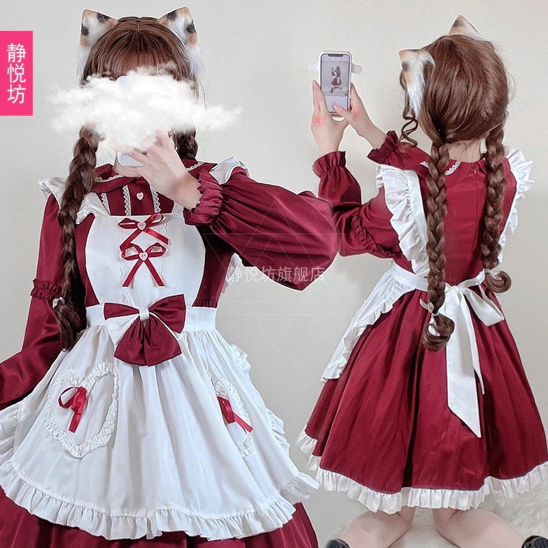 レッドロリータメイド服日本製ソフトキュートガール長袖メイド服コスプレロリドレス