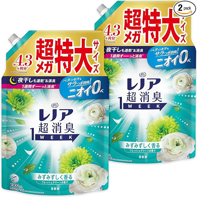レノア 超消臭1WEEK 柔軟剤 フレッシュグリーン 詰め替え 1,900mL×2袋 【まと