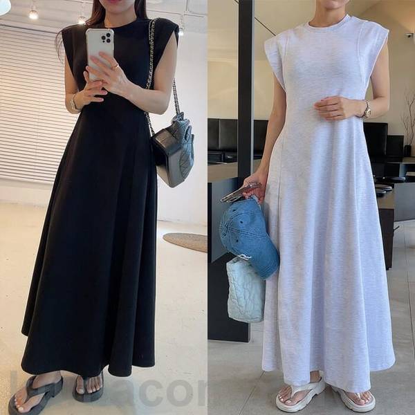 フレンチスリーブ ワンピース ドレス Tシャツワンピ ロング丈 おしゃれ レディース 大人 可愛い フェミニン ノースリーブ ワンピ シンプル カジュアル ゆったり 体型カバー リラックス グレー ブ